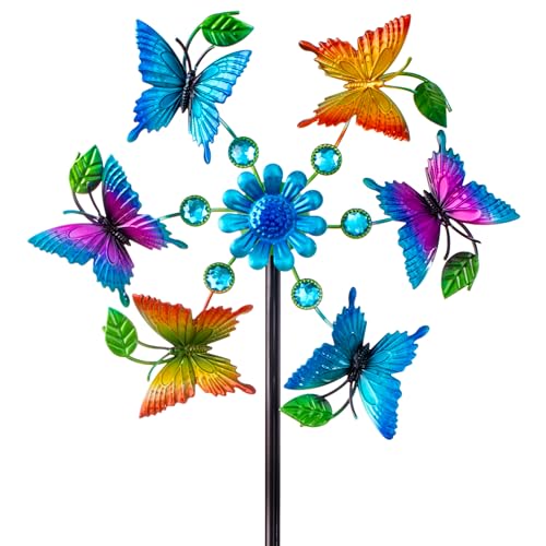 44" Colorful Butterfly Garden Wind Spinners - Metal Outdoor Stakes Kinetic Wind Spinner Windmills Decor, Wind Sculpture Yard Art Decorations for Patio, Lawn & Garden - size: 44" Butterfly Flowers