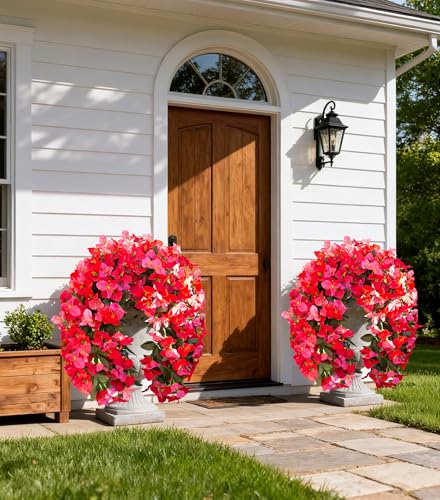 2 PCS Bougainvillea Artificial Hanging Flowers Plants for Outdoors, Mix - color: Hot Pink + Red
