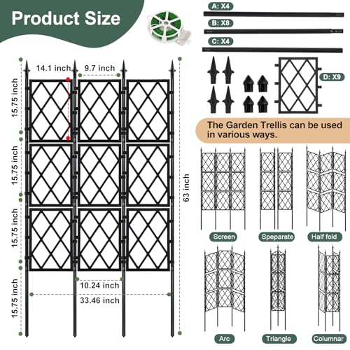 63 Inch Garden Trellis Support Fence Metal Lattice Climbing Frame Black - color: Black