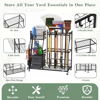 Faesun Garden Tool Organizer with Wheels for Garage,Extra Large Capacity Rolling Yard Tool Storage Rack,Holds 24 Tools + 10 Secure Slots, Heavy Duty Cart for Shed,Garden & Outdoor Use - size: Plus-Large Wheels