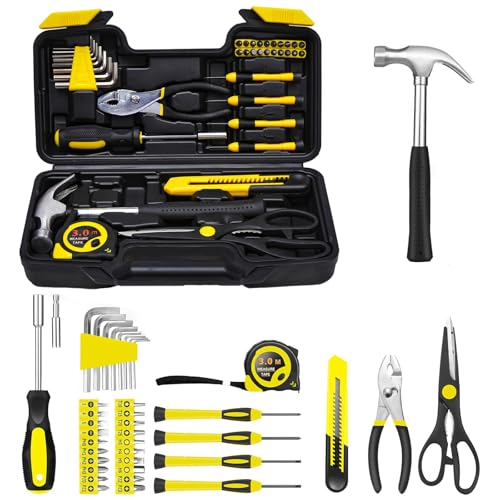 RVOGJP 39-Piece General Household Tool Kit, Basic Small Hand Tool Set with Plastic Toolbox for Home, Garage, Office & College Dorm Use, Yellow - color: Yellow