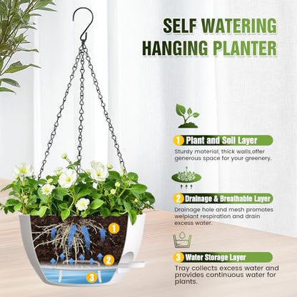 13 Inch Large Self Watering Hanging Planters 2 Pack with Saucers - color: White, size: 13 Inch 2 Pack