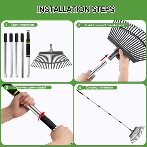 Heavy Duty Garden Rake 6FT Long 25 Tines - style: Stainless Steel - Black
