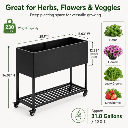 Raised Garden Bed with Wheels, 38" Metal Raised Planter Box with Legs