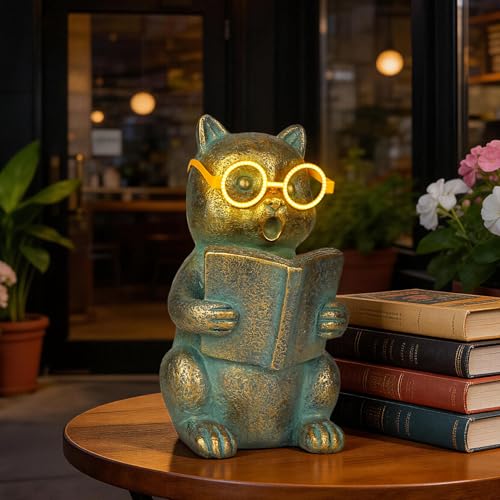 Solar Reading Cat Decor with Light-Up Glasses Patina Garden Statues - size: Cat