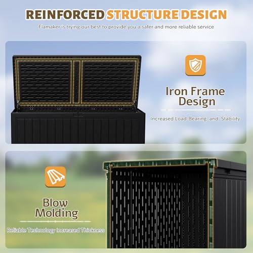 Flamaker Resin Deck Box 270 Gallon, XXL Waterproof Storage Box with Divider - color: Black, size: 270 Gallon