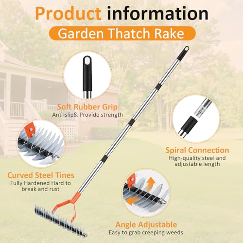 Thatch Rake -15 Inch Dethatcher Rake with Adjustable Handle, Efficient Steel Metal Rakes with Handle,Heavy Duty Thatching Rakes for Lawn,Garden, Yard