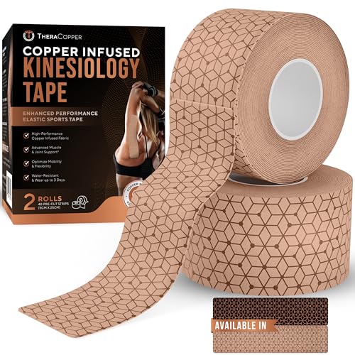 TheraCopper Copper Infused Kinesiology Tape - 2 Rolls, 40 Precut Strips - color: Tan
