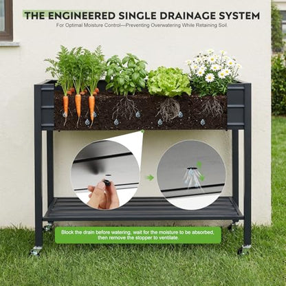 32" Tall Galvanized Raised Garden Bed with Legs Wheels & Shelf, Black - color: Black