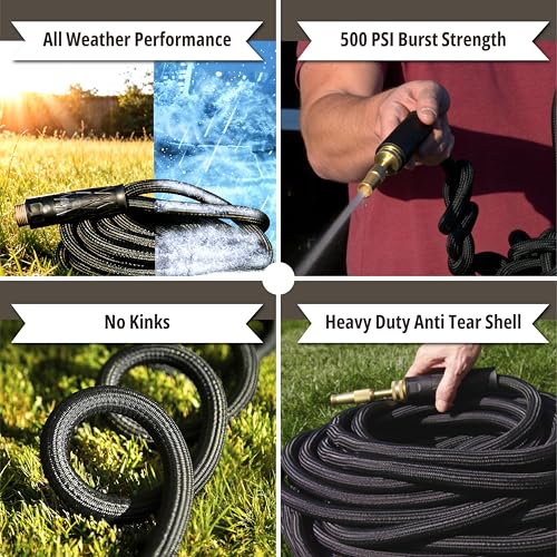 Hydrosteel PRO 100 Ft Heavy Duty Metal Garden Hose with Nozzle, Water Hose Made from 304 Stainless Steel, Flexible, Lightweight, Brass Crush Resistant Fittings, Kink Free, 5/8” Diameter, 600 PSI - size: 100 Feet