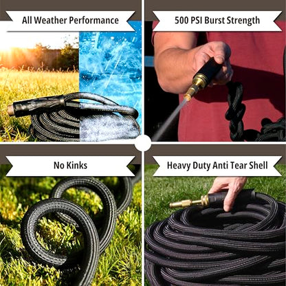 Hydrosteel PRO 100 Ft Heavy Duty Metal Garden Hose with Nozzle, Water Hose Made from 304 Stainless Steel, Flexible, Lightweight, Brass Crush Resistant Fittings, Kink Free, 5/8” Diameter, 600 PSI - size: 100 Feet