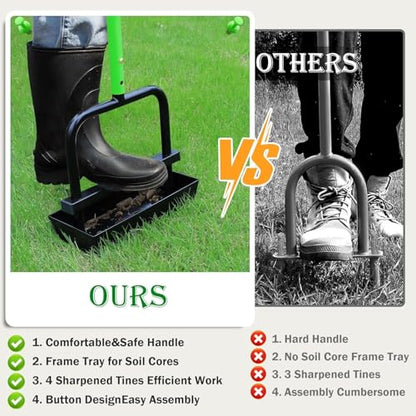 JouZYA Updated Lawn Aerator Tool with Soil Core Collection Tray, 4 Tines