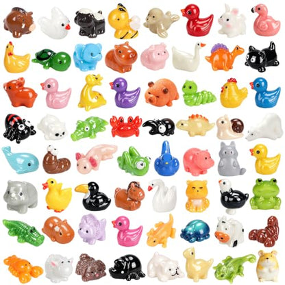 70 Pcs Mini Resin Animals and Ducks Bulk, 70 Different Tiny Animal Figurines to Hide, Miniature Resin Animal Figures for Fairy Garden, Dollhouse Decor, Crafts, Party Favors, Sensory Bin Toys