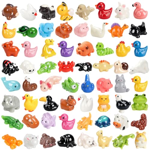 70 Pcs Mini Resin Animals and Ducks Bulk, 70 Different Tiny Animal Figurines to Hide, Miniature Resin Animal Figures for Fairy Garden, Dollhouse Decor, Crafts, Party Favors, Sensory Bin Toys