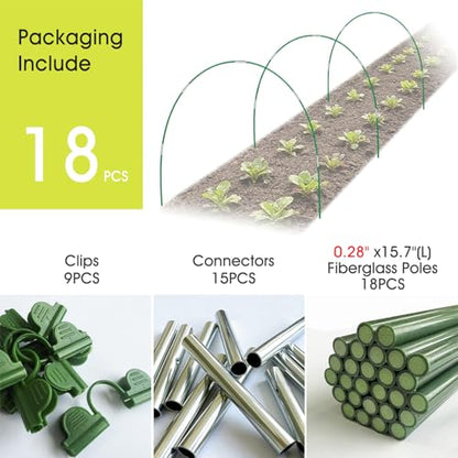 RIFNY 18 PCS Garden Hoops for Raised Beds, Greenhouse Hoops Kit Long Grow Tunnel for Row Cover, Rust-Free Fiberglass Garden Support Poles for Insect Mesh Netting Freeze Plant Cover (Green) - style: 18Pcs-Green-0.28" Dia