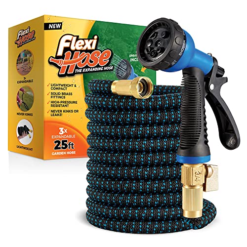 Flexi Hose Expandable Garden Hose with 8 Function Nozzle, 25FT - Lightweight Retractable Garden Hose, Water Hose - No-Kink Flexibility, 3/4 Inch Solid Brass Fittings and Double Latex Core - size: 25ft