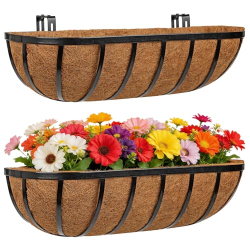 24 Inch Railing Planter Boxes with Coco Liner for Hanging Outdoor Plants - size: 2 Pack, style: Arc