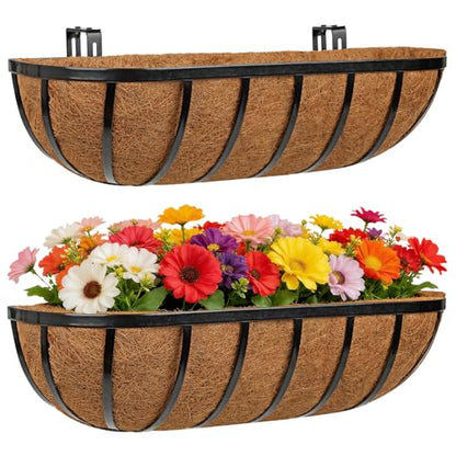 24 Inch Railing Planter Boxes with Coco Liner for Hanging Outdoor Plants - size: 2 Pack, style: Arc