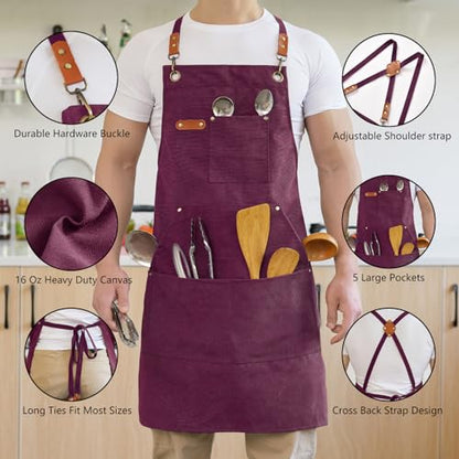 Aoomzoon Canvas Aprons for Men Women, Heavy Duty BBQ Apron with Pockets - color: Red