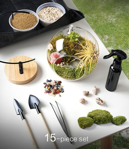 LuckyRunes DIY Terrarium Kit with Live Moss, 15-Piece Glass Globe Set