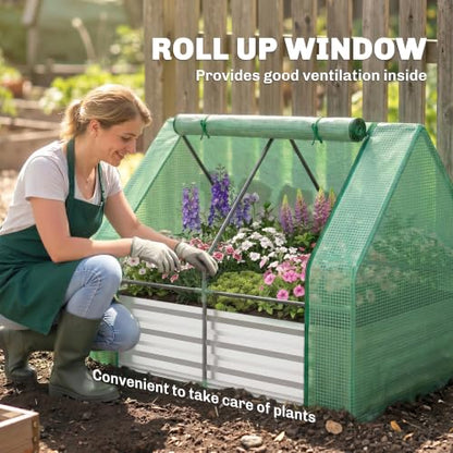 Outsunny 4 x 3ft Metal Planter Box with Mini Greenhouse, Green/Gray - color: Green and Gray