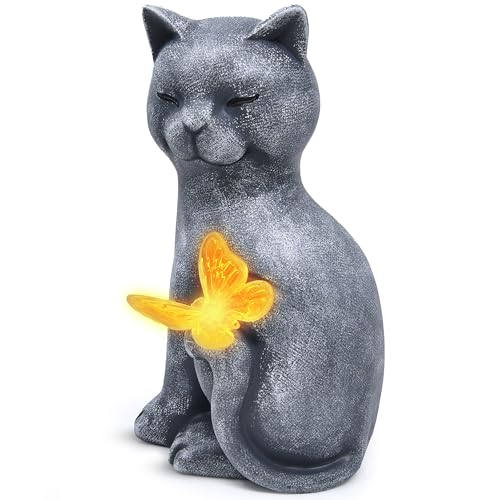 Gift Boutique Cat Outdoor Statues with Solar Butterfly Light Cute Garden Figurine for Yard Patio Lawn Pathway Decor Waterproof Resin Cat Sculpture