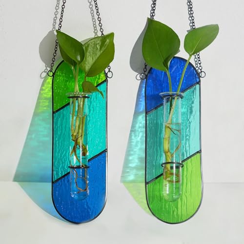 Hewory Stained Glass Window Hanging: 2PCS Propagation Stations Blue & Green - color: Blue-green