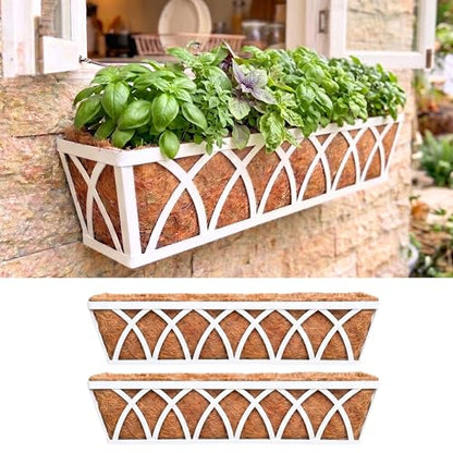 LaLaGreen Wall Planter (30 Inch, 2 Pack)White Metal Rectangular Hanging Flower Box Window Boxes Planters with Coco Liner, Flower Basket Plant Holder Deck Rail Railing Patio Horse Trough Balcony Fence - size: 30 Inch x 2 Pack