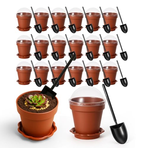 20 Pcs Nursery Pots with Humidity Dome, Cupcake Plant Nursery Pots with Bring A Plate and Shovel, Planting Cups for Seeds for Indoor Gardening and Plant Propagation - color: Brown