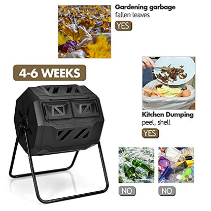 IRONMAX Outdoor Compost Tumbler, 43 Gallon (163 L) Rotating Tumbling Composter with Dual Chamber, Large Composting Bin for Frame Garden Yard Waste, Black