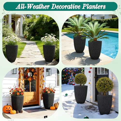 19" Black Concrete-Look Resin Tall Planters with Fluted Texture - color: 19"h-mediterranean Black