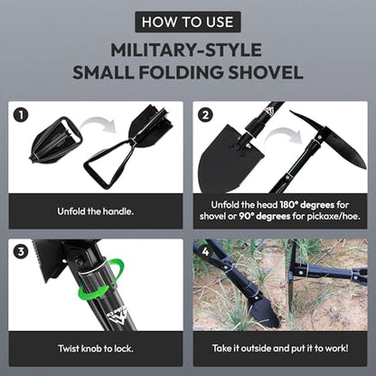 KIBOCO Small Folding Survival Shovel, Military-Style Tool for Car, Snow, Camping, Backpacking - 18" Carbon Steel Multitool with Pick