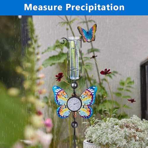 Rain Gauge Outdoor with 7 Inch Plastic Tube - color: Blue-Butterfly