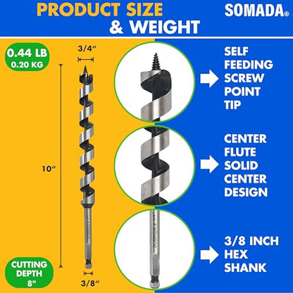 SOMADA 3/4" x 10" Auger Drill Bit for Wood, Ship Auger Hex Shank - size: 3/4"x10" Silver