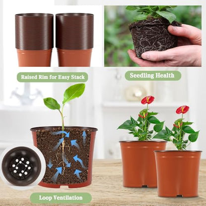 100 Pcs Plant Nursery Pots, 6 Inch Large Plant Seedling Pots with Labels Plastic Plant Flower Pots with Drainage Holes Indoor Outdoor for Succulent Cutting Transplanting - size: 6"