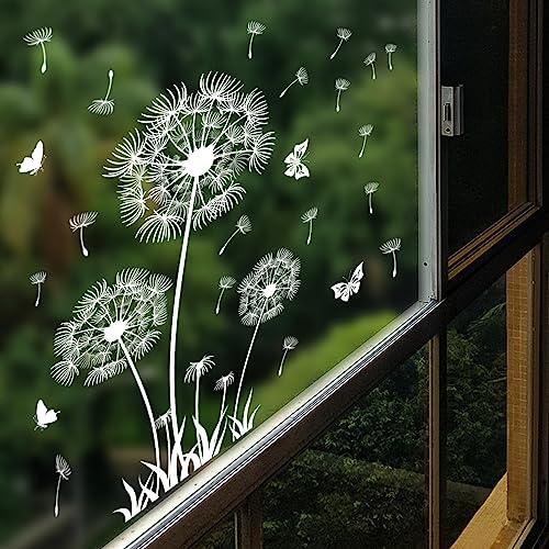 White Dandelion Wall Decals, Peel and Stick Vinyl Decor,Removable Vinyl Wall Stickers with Flowers Butterflies, Birds, Pink and Black Colorful Floral Design for Living Room, Bedroom, Nursery - color: White