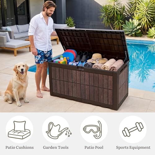YITAHOME 134 Gallon Large Deck Box - color: Dark Brown & Wood-Grain Brown, size: 134 Gallon