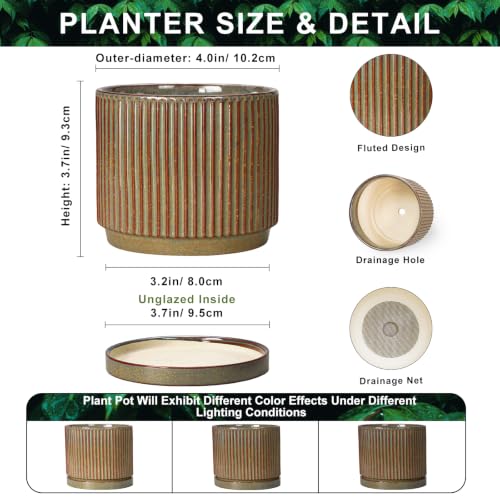 4 Inch Pots for Plants, Ceramic Plant Pots with Saucer, Retro Brown - color: Retro Brown, size: 4 Inch