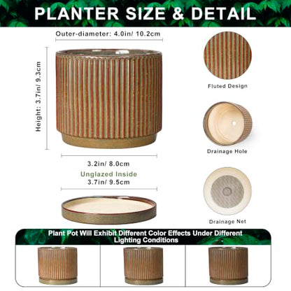4 Inch Pots for Plants, Ceramic Plant Pots with Saucer, Retro Brown - color: Retro Brown, size: 4 Inch