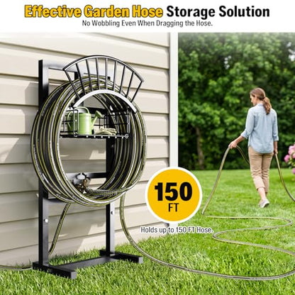 Garden Hose Holder with Brass Faucet, 45ft Rubber Hose, 5ft Leader Hose