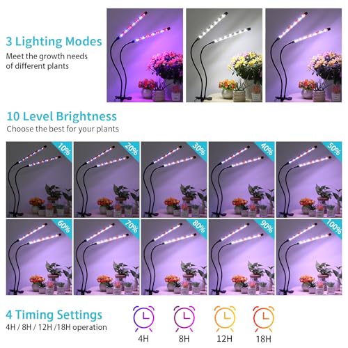 Indoor Plant Grow Light, Full Spectrum Clip Plant Lamp with Red, Blue, White Light, Plant Growing Light with Adjustable Gooseneck, 4/8/12/18H Timer, 10 Brightness Levels, 3 Lighting Modes, 2 Head - size: Red+Blue+White-2 Head 1Pack