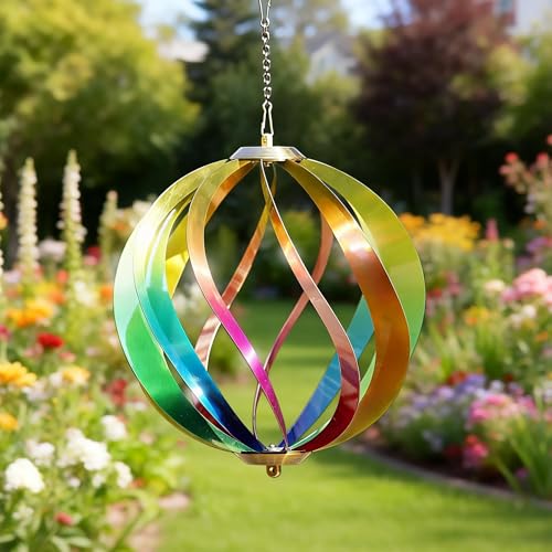 8" Hanging Wind Spinners Outdoor Assembly Required Rainbow 3D Metal Ball - size: 8 Inch