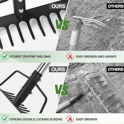 BARAYSTUS 16" Wide Bow Rake, Adjustable Garden Rake for Lawn & Yard