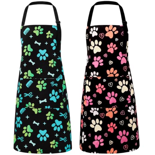 2 Pcs Dog Grooming Apron with 2 Pockets, Dog Grooming Smock - color: Pink Orange + Green Blue Comb