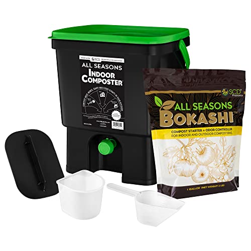 All Seasons Indoor Compost Kit, 4.4 Gal Black Organko Bin Plus 2 lb Bokashi - color: Black/Green