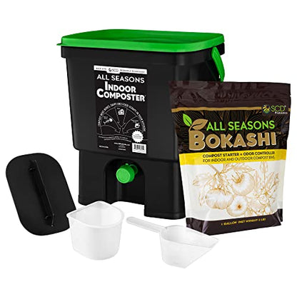 All Seasons Indoor Compost Kit, 4.4 Gal Black Organko Bin Plus 2 lb Bokashi - color: Black/Green