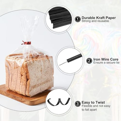 HARFINGTON 1000pcs Bag Twist Ties 3.5" Reusable Kraft Paper Twist Ties Wire Cable Ties for Party Bread Candy Cake, Black - color: Black, size: 3.5"