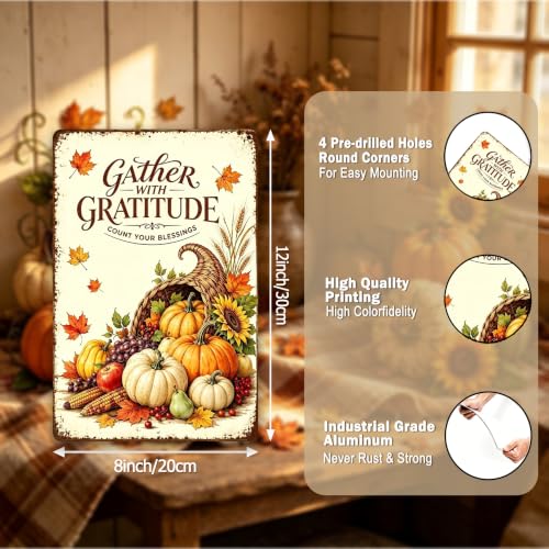 Gather With Gratitude Thanksgiving Metal Sign Harvest Wall Decor 8x12 Inch - color: Gather With Gratitude