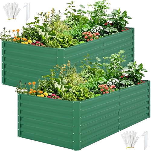DWVO 2pcs 6 x 3 x 2 FT Raised Garden Bed Kit, Outdoor Galvanized Flower Bed with Gloves, Large Metal Planter Box for Vegetables, Flowers, Herbs, Fruits, Green - color: Green, size: 6x3x2ft 2pcs
