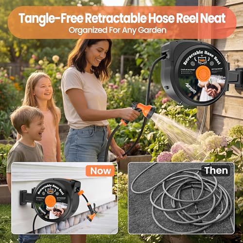 Retractable Garden Hose Reel, 65 ft x 1/2", Wall Mounted, 10-Pattern Nozzle - size: 65FT